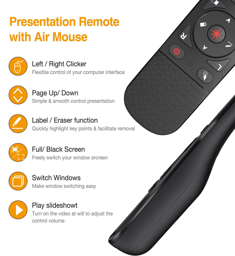 Presentation Remote with Air Mouse Function, Wireless Presenter Clicker RF 2.4GHz USB Laser Pointer Presenter Control PowerPoint Presentation Clicker for Mac, Laptop, Computer