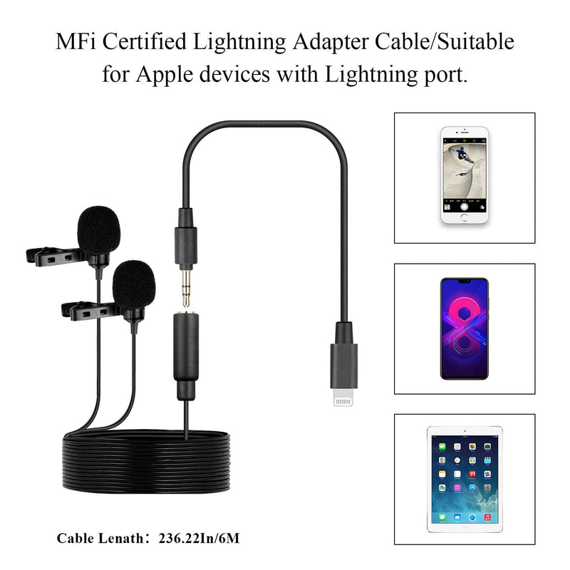 Saramonic Omnidirectional Dual-Head Lapel Microphone 6M Cable with a Male 3.5mm TRS to MFi Certified Lightning Adapter Cable for iPhone iPad iOS Devices Dual-head 6M Microphone