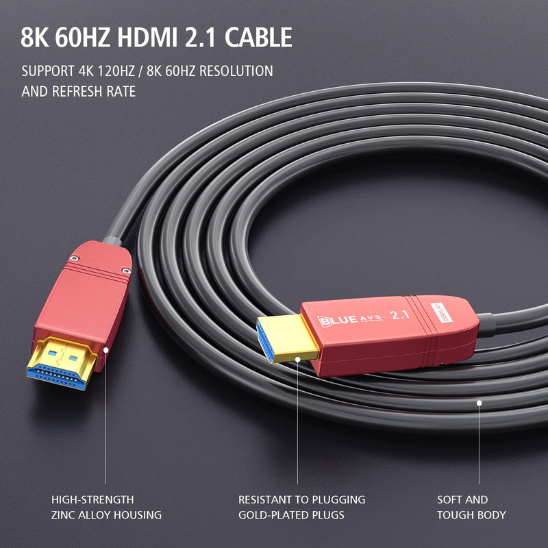 BlueAVS 8K HDMI 2.1 Fiber Optic Cable 15FT 48gbps 8K60Hz 4K120Hz Dynamic HDR eARC HDCP2.3 8K_15FT_BlackCable RedHousing