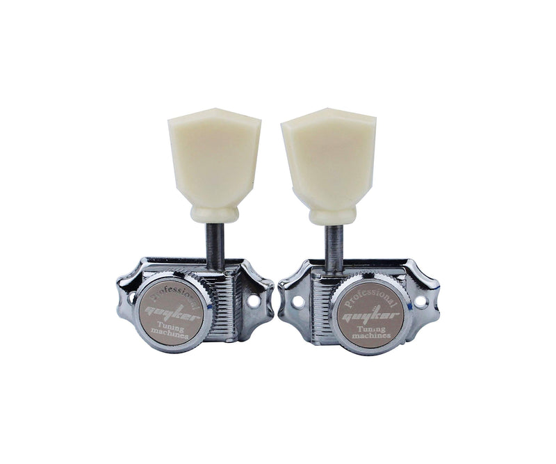 Guyker Locking Guitar Machine Heads (3R + 3L) – 1:15 Ratio Lock String Vintage Deluxe Tuning Key Pegs Tuners Set Replacement for Electric, Acoustic or Folk Guitars - Cream Handle Chrome - Cream Handle