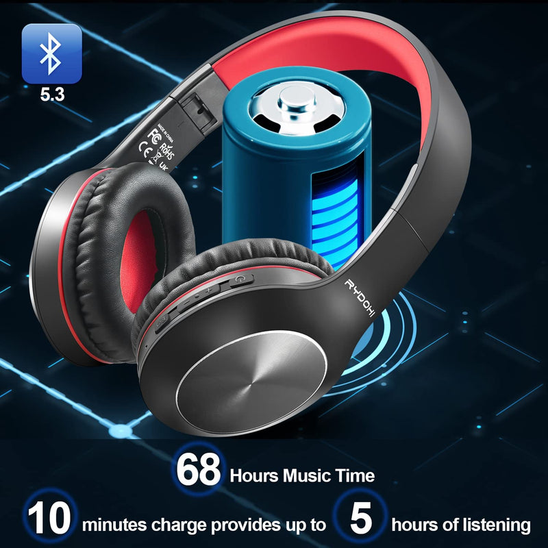 Rydohi Bluetooth Headphones Over Ear,68H Playtime and 3 EQ Music Modes Wireless Headphones with Microphone/Deep Bass, HiFi Stereo Foldable Lightweight Headset for PC Home Travel Office (Black Red) Black Red