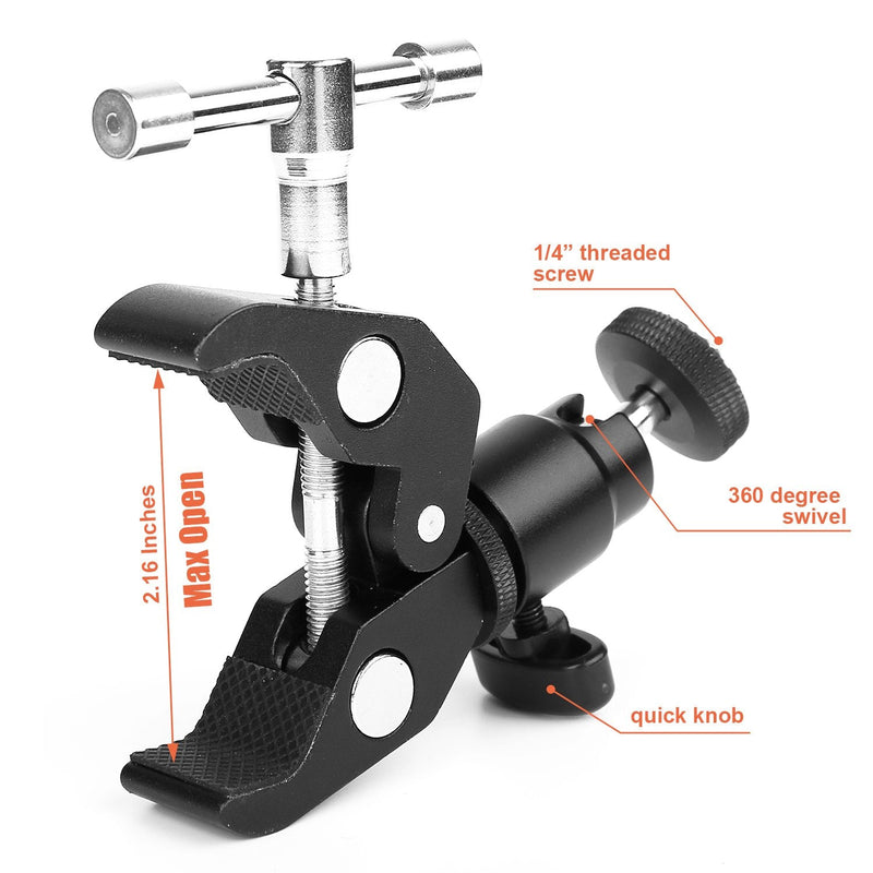 ChromLives Camera Clamp Mount Ball Head Clamp - Super Clamp and Mini Ball Head Hot Shoe Mount Adapter with 1/4'' -20 Tripod Screw for LCD/DV Monitor, LED Lights, Flash Light,Microphone and More black