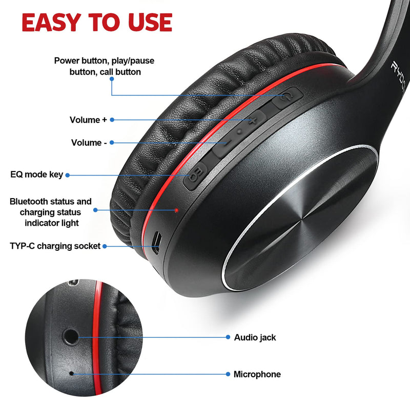Rydohi Bluetooth Headphones Over Ear,68H Playtime and 3 EQ Music Modes Wireless Headphones with Microphone/Deep Bass, HiFi Stereo Foldable Lightweight Headset for PC Home Travel Office (Black Red) Black Red