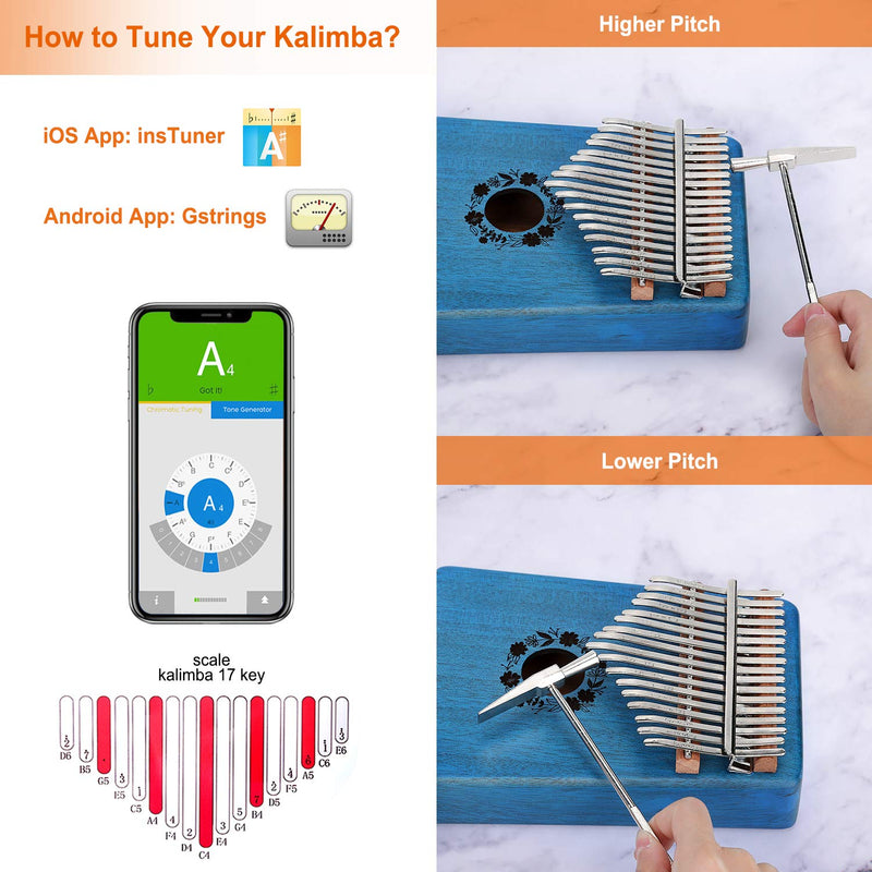 AUZEEG Kalimba 17 Keys, Portable Mbira Thumb Piano African Mahogany Wood Finger Musical Instrument with Study Instruction and Tune Hammer, Gifts for Kids Adults Beginners Professionals