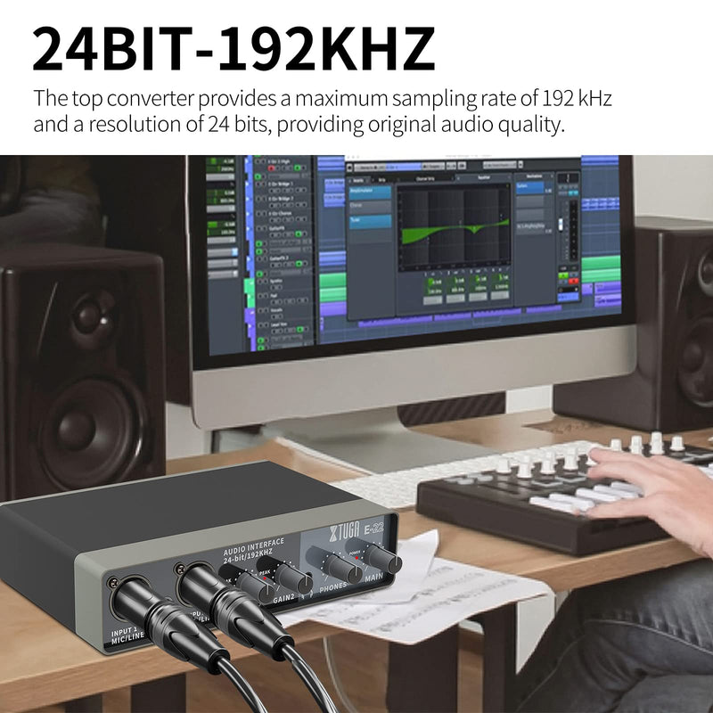 XTUGA E22 2i2 USB Audio Interface with XLR Mic Preamplifier 192kHz True Stereo for Pro Tools/Ableton Live Lite/Reaper and Other DAW Recording Software(Driver Free Installation)