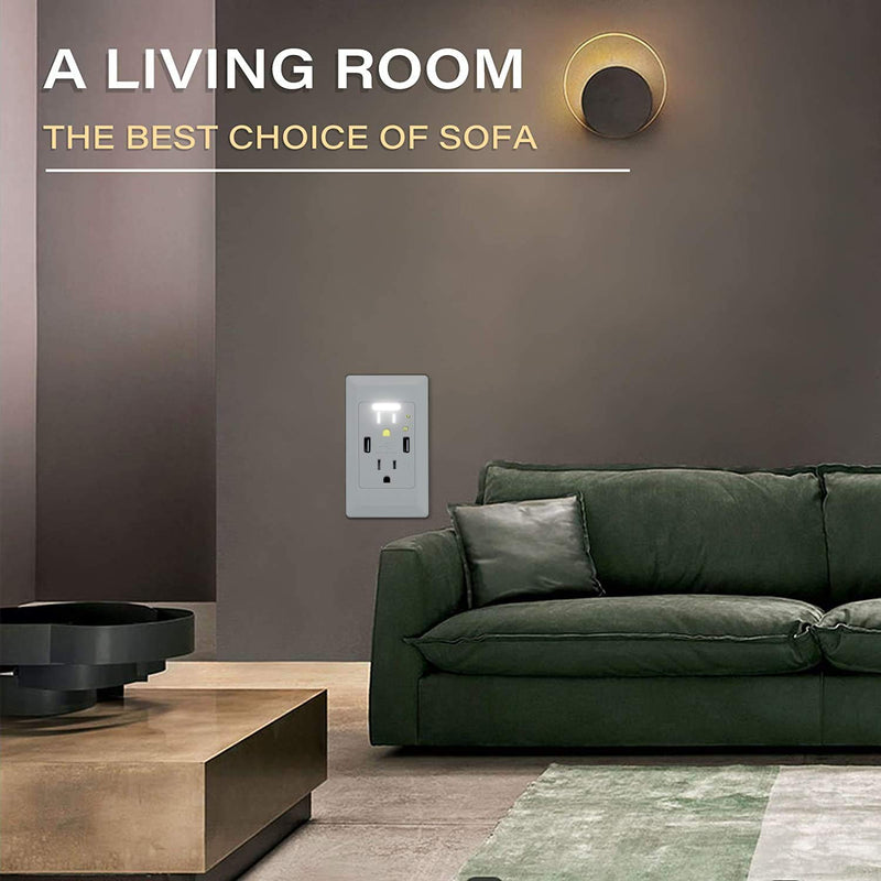 NineLeaf 4.2A LED Night Light Outlet Wall Adapter with 2 AC Outlets and 2 USB Ports Light Sensor Portable for Home White fast charging 2 Packs