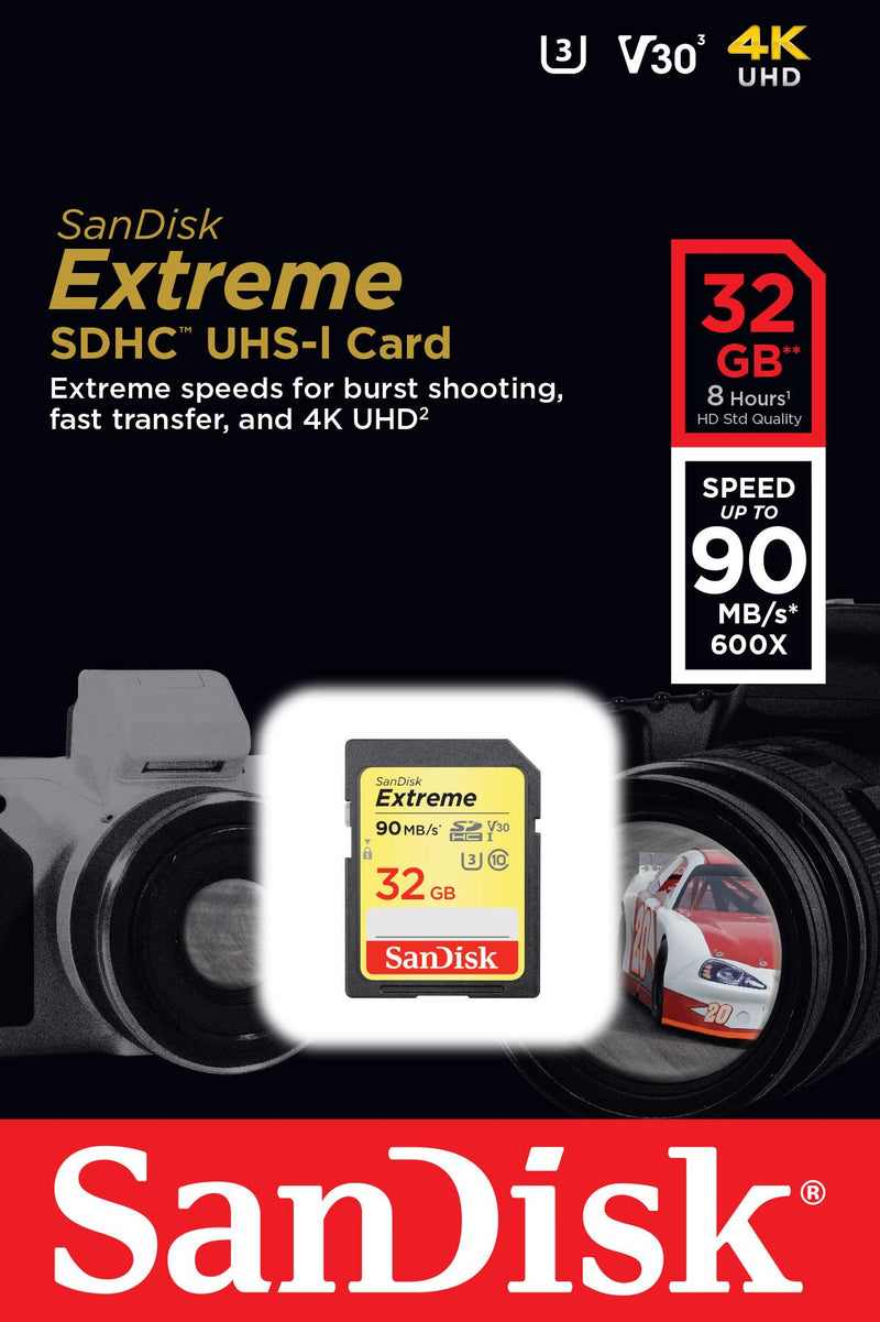 SanDisk - SDSDXVE-032G-GNCIN 32GB Extreme SDHC UHS-I Memory Card - 90MB/s, C10, U3, V30, 4K UHD, SD Card - SDSDXVE-032G-GNCIN Red