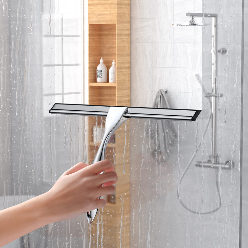 Shower Squeegee for Glass Door 12-Inch Stainless Steel Bathroom Squeegee Window Wiper, Includes Shower Door Hook, Adhesive Hook, and Spare Silicone Blade for Window Mirror Car All-Purpose Squeegee Silver