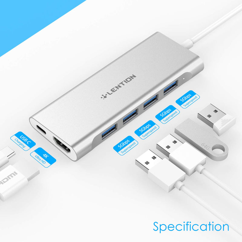 LENTION USB-C Multi-Port Hub with 4K HDMI Output, 4 USB 3.0, Type C Charging Adapter Compatible 2020-2016 MacBook Pro 13/15/16, New Mac Air & Surface, Chromebook, More (CB-C35, Silver)
