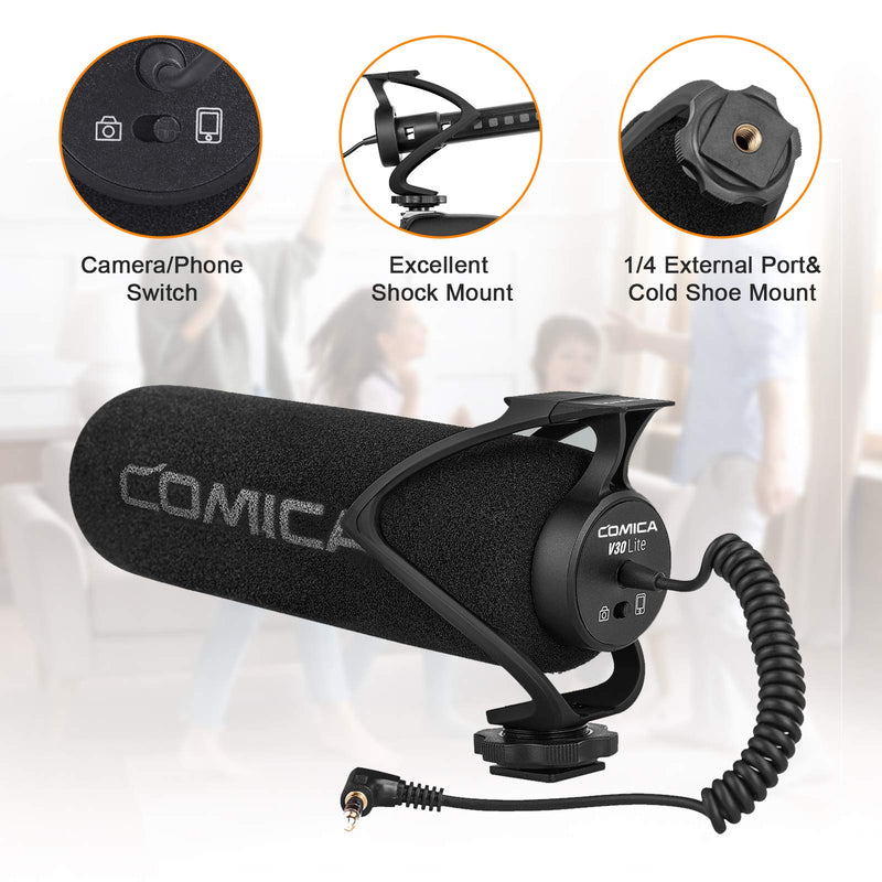 Comica CVM-V30 LITE B Universal Camera Microphone Directional Condenser Shotgun Video Microphone for Canon, Nikon, Fuji, Sony, Panasonic, Olympus DSLR Cameras, iPhone Android Smartphones etc.