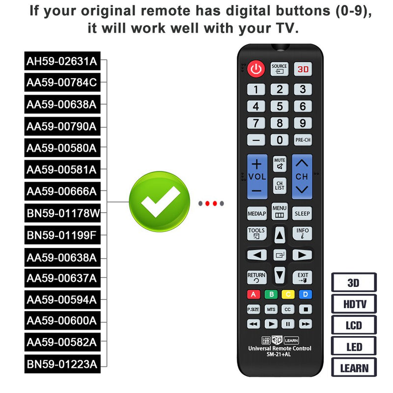 Gvirtue Universal Remote Control Compatible Replacement for Samsung TV/ 3D/ LCD/LED/HDTV AA59-00666A BN59-01178W BN59-01199F AA59-00638A AA59-00637A AA59-00594A AA59-00600A AA59-00582A