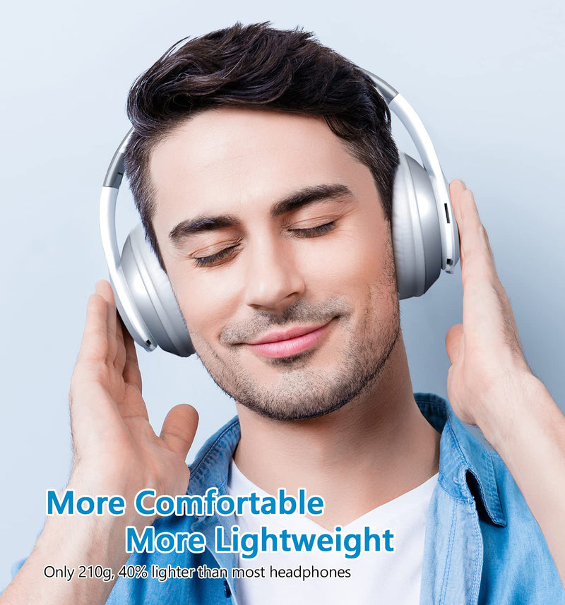 Bluetooth Headphones Over-Ear, 60 Hours Playtime Foldable Lightweight Wireless Headphones Hi-Fi Stereo with 6 EQ Modes, Bass Adjustable Headset with Built-in HD Mic, FM, SD/TF for Cell Phone/PC/Home Silver