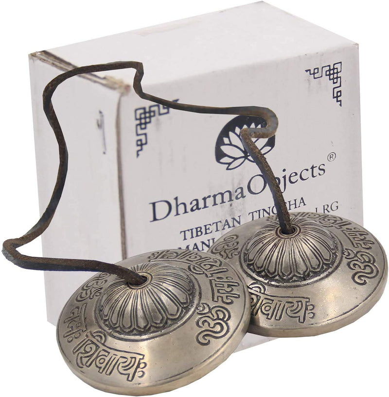 DharmaObjects Tibetan Premium Large Quality"Om Namah Shivaya" Tingsha Cymbals 3" With Pouch Om Lotus