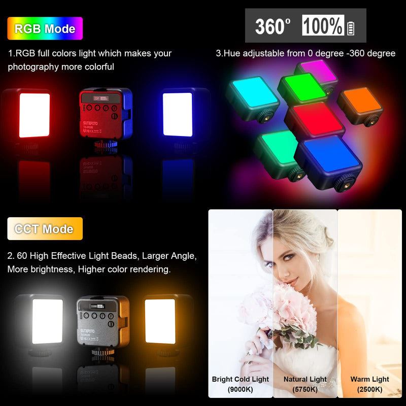 Sutefoto RGB Video Lights, 360° Full Color Portable LED Camera Light, 3 Cold Shoe, Photography Lighting 2500-9000K Dimmable LED Panel Lamp w LCD Display Mini Camera Light.