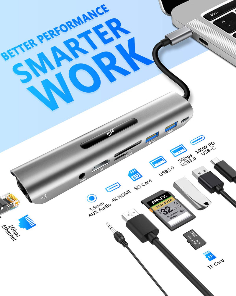 USB C Hub, 8-in-1 Type C Hub with Ethernet Port, 4K USB C to HDMI, 2 USB 3.0 Ports,SD/TF Card Reader, 100W Power Delivery, 3.5mm Audio Jack, for Windows,Mac OS, Surface Pro,More USB-C Laptops 8 in 1 Hub