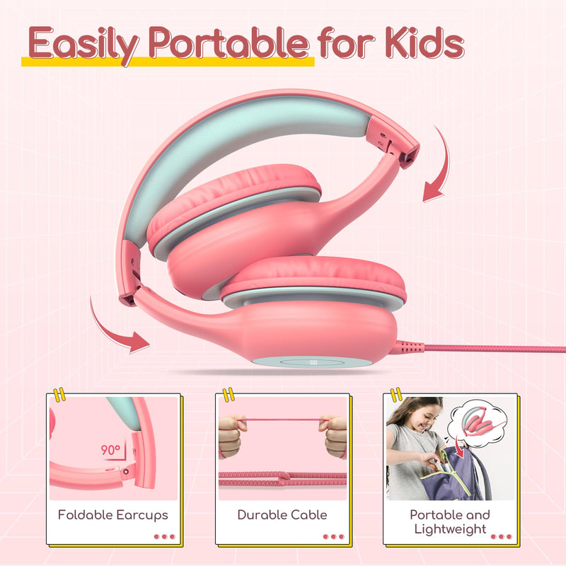EarFun Kids Headphones Wired with Microphone, 85/94dB Volume Limit Headphones for Kids, Portable Wired Headphones with Shareport, Stereo Sound Foldable Headset for School/Tablet/iPad/Kindle Pink Pink Blue