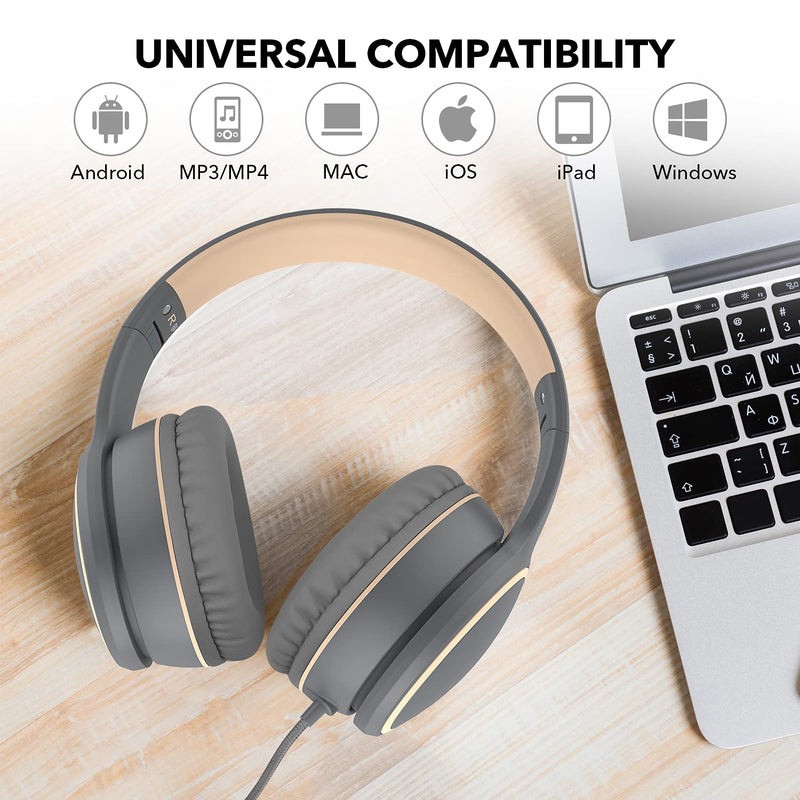 RORSOU R10 On-Ear Headphones with Microphone, Lightweight Folding Stereo Bass Headphones with 1.5M No-Tangle Cord, Portable Wired Headphones for Smartphone Tablet Computer MP3 / 4 (Grey) Grey