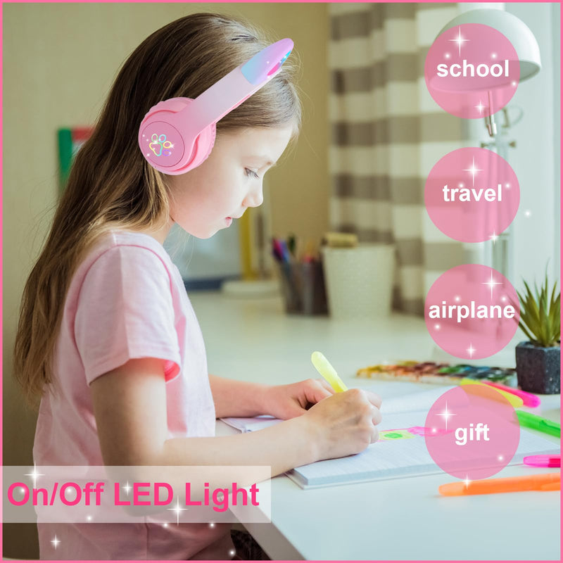 HOYJACY Cat Ear Kids Bluetooth Headphones for Girls Children Teens, LED Light Up Wireless/Wired Mode Foldable Stereo Girls Headphones with Built-in Mic for School Birthday Xmas Gift (Pink) Pink