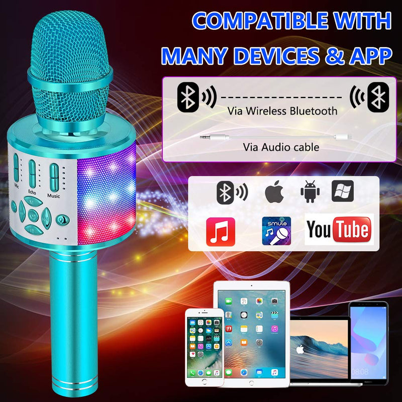 Amazmic Kids Karaoke Microphone Machine Toy Bluetooth Microphone Portable Wireless Karaoke Machine Handheld with LED Lights, Gift for Children Adults Birthday Party, Home KTV(Blue) Blue
