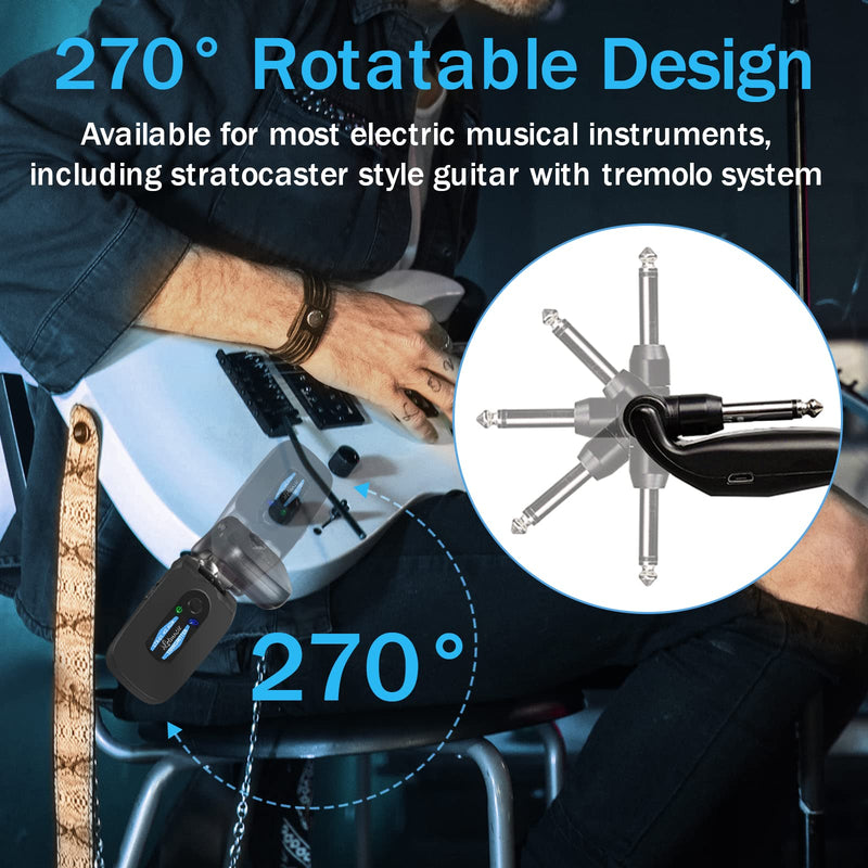 2.4GHZ Wireless Guitar System, Rechargeable Digital Wireless Guitar Transmitter Receiver with 4 Channels and Over 10 Hours Long Battery Life for Electric Guitar Bass Blue