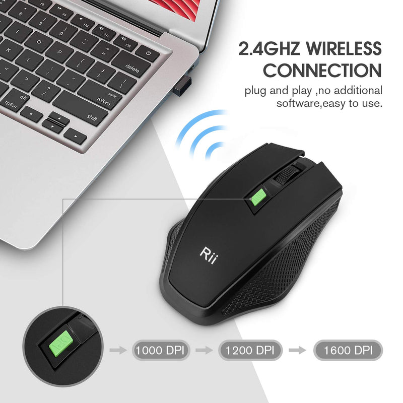 Rii RM103 2.4G Wireless Optical Mouse with 1000 1200 1600 DPI, 6 Buttons，USB Plug & Play，Innovative Design for Notebook, PC, Laptop, Computer, MacBook