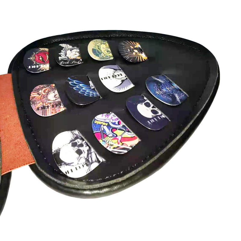 Guitar pick holder with 22 guitar picks (different patterns and thicknesses) can accommodate pick case of various thicknesses. PU leather outer layer is brown, inner layer is black