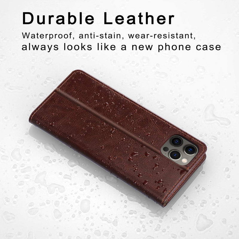 Belemay Compatible with iPhone 12/12 Pro Wallet Case 5G (6.1" 2020) Genuine Cowhide Leather Folio Flip Cover [RFID Blocking] Credit Card Holder [Soft TPU Shell] Kickstand Function Folding Case, Brown Brown (iPhone 12/12 Pro)