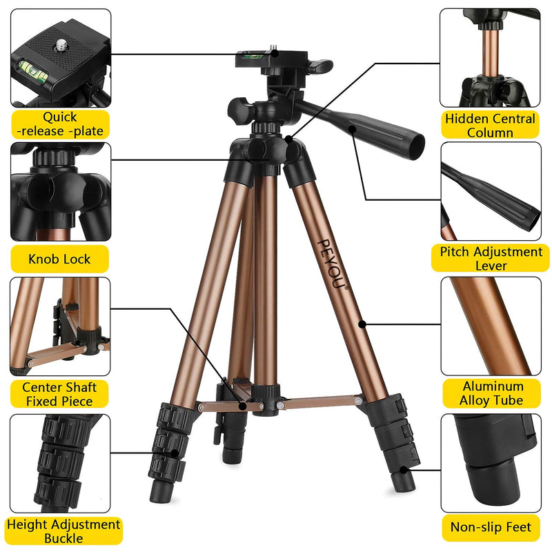 PEYOU Compatible for Ipad iPhone Tripod, 50 Inch Extendable Lightweight Aluminum Smartphone Camera Tablet Tripod Stand for Video + Wireless Remote + 2 in 1 Phone/Tablet Tripod Mount Holder Gold