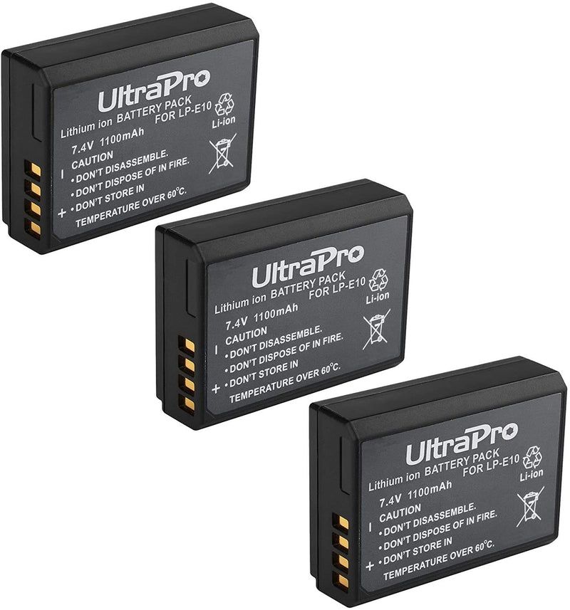 3-Pack LP-E10 High-Capacity Replacement Batteries with Rapid Travel Charger for Select Canon Digital Cameras. UltraPro Bundle Includes: Camera Cleaning Kit, Screen Protector, Mini Travel Tripod