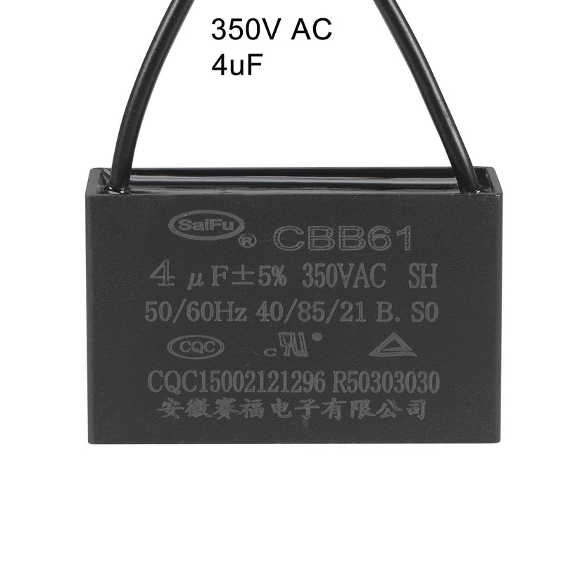 uxcell Ceiling Fan Capacitor CBB61 4uF 350V AC 2 Wires Metallized Polypropylene Film Capacitor 47x29x18mm for Electric Fan Pump Motor Generator 3Pcs