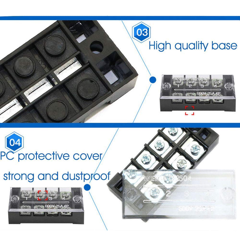 MEETOOT 4PCS 4 Positions Dual Row 600V 25A Screw Terminal Strip Blocks with Cover + 4PCS 4 Positions 15A Terminal Barrier Strips