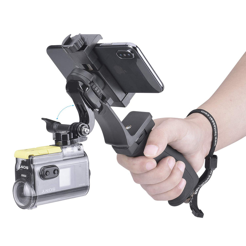 2in1 Portable Action Camera+Smartphone SYN Stabilizer Mount Ergonomic Hand Grip Video Vlogging Kit Motion Camcorder Phone Handle Holder for GoPro Sony + iPhone Interview Travel YouTube Livestream Rig