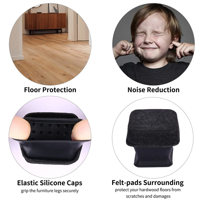 Ezprotekt 24 PCS Square Silicone Chair Leg Floor Protectors with Felt Pads Surrounding, Chair Leg Covers Felt Furniture Pads,Fit Square Furniture Leg Diameter from 30mm to 40mm(Fit:1.2"- 1.6", Black) Square -Black Large - (Fit: 1.2 -1.6")