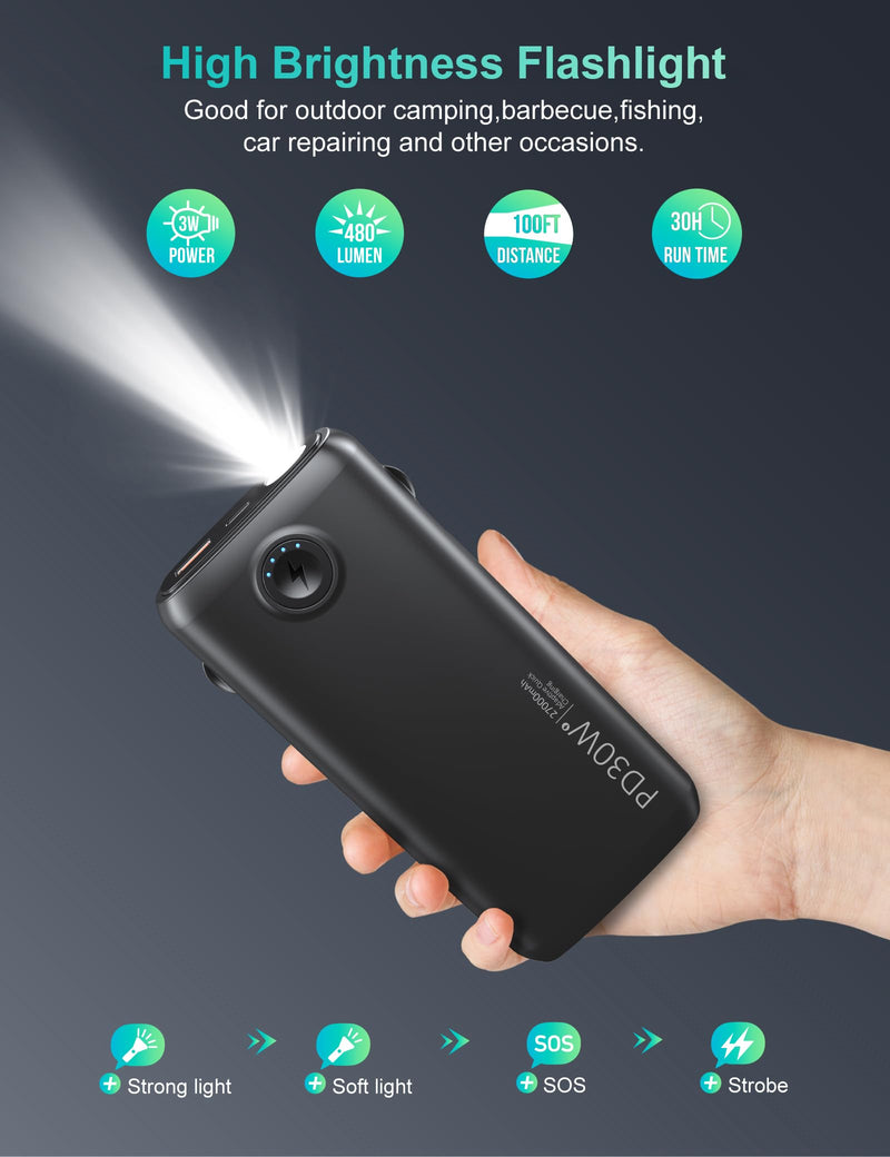Dpdenoy Portable Charger with Built in Cable, 27000mAh Power Bank QC4.0 22.5W PD3.0 USB C Fast Charging, Phone Battery Pack with 3W Flashlight for iPhone, Samsung, Google, Tablet, and More Black 27000mAh