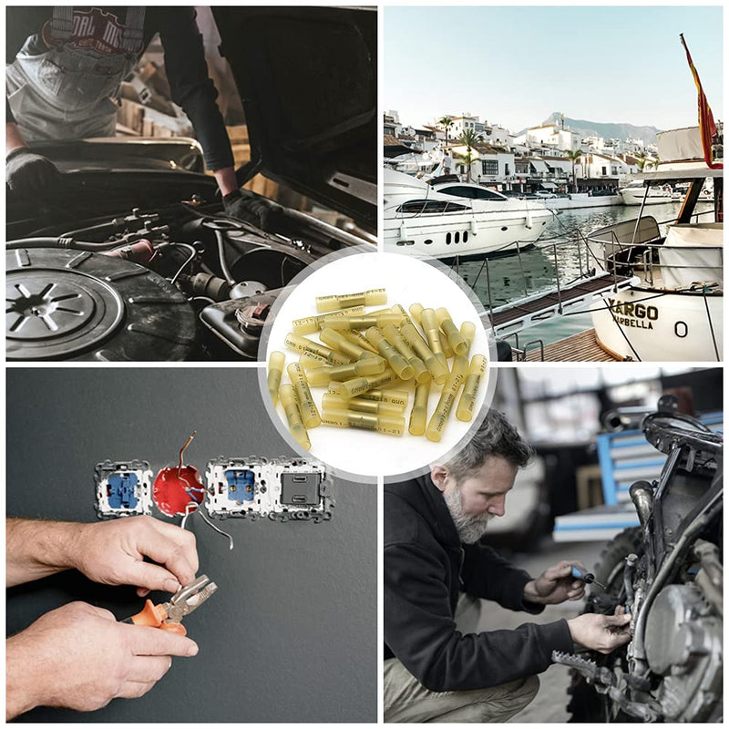 50 Pcs Yellow Heat Shrink Butt Connectors, 12-10 AWG Waterproof Crimp Terminals Electrical Wire Connectors Splice for Marine, Cable, Wiring