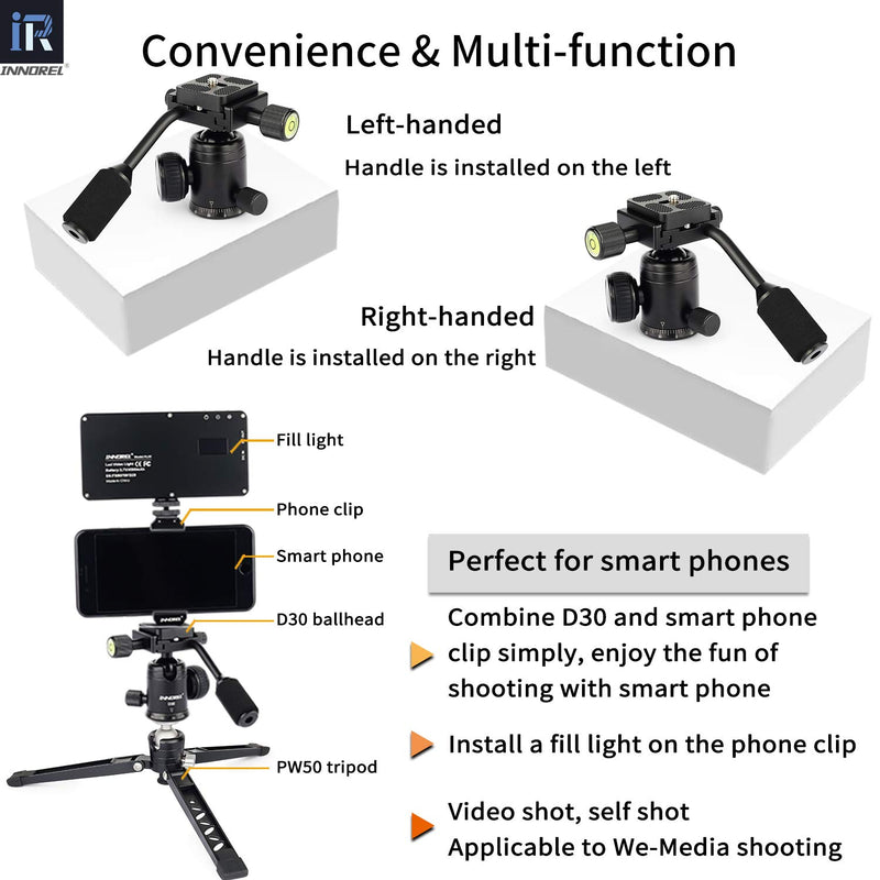 D30 Panoramic Ball Head with Handle All Metal CNC Ballhead Camera Mount INNOREL Tripod Heads with Two Quick Release Plates and Phone Clip for Monopod, DSLR, Camcorder, DV, Telescope，Max Load 22lb/10kg