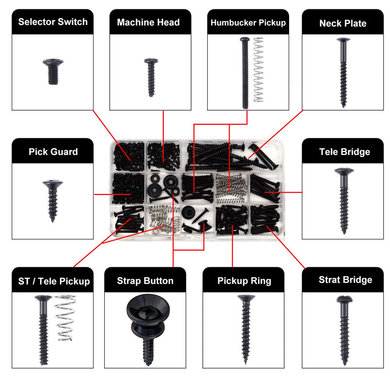 Vencetmat Guitar Screws Kit, Guitar Hardware Luthier Parts-kit for Tele/Strat/SQ,Switch,Tuner,Machine Head, Neck Plate,Pickguard,Guitar Strap End Pins,Pickup,Bridge,Guitar DIY Kit(Metric, Black)