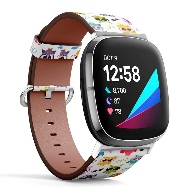 MysticBand Replacement Leather Band Compatible with Fitbit Versa 3 and Fitbit Sense, Wristband Bracelet Accessory - Colorful Owls Glasses