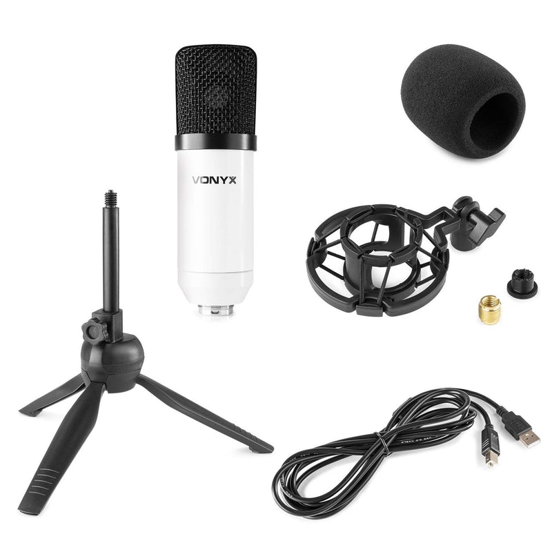 VONYX CM300W Condenser Microphone Podcast Broadcasting USB Computer Studio Kit with Mic Tripod Stand & Shock Mount, White USB Condenser Microphone - White