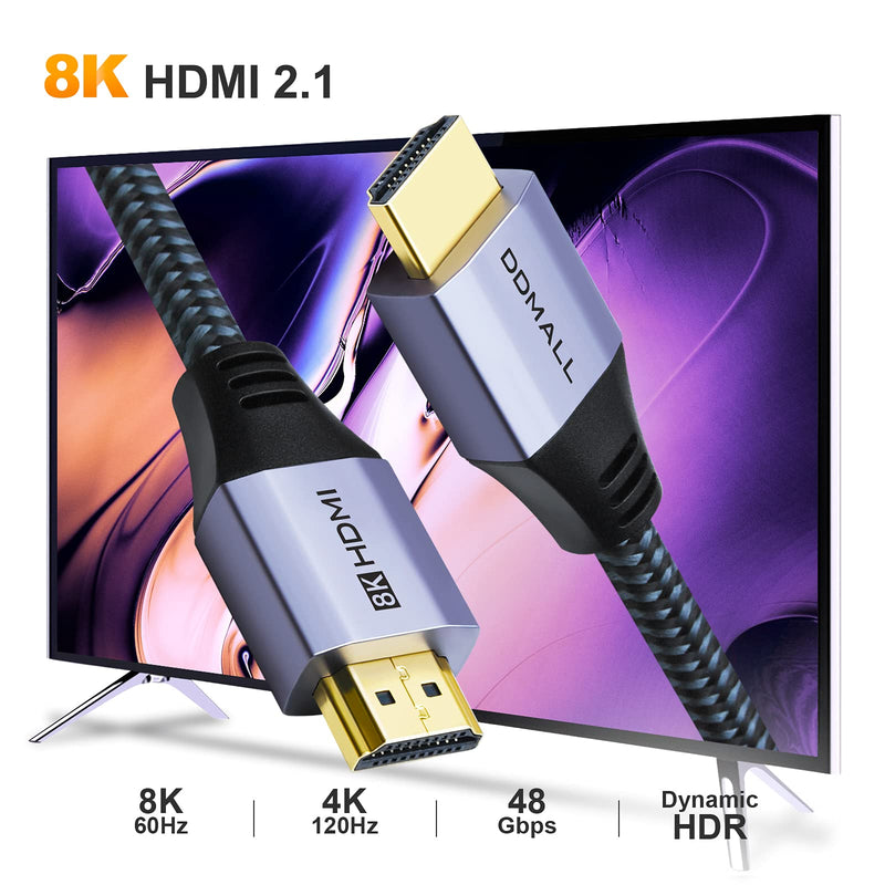 8K HDMI 2.1 Cable 15FT, DDMALL Ultra High Speed 48Gbps 8K60Hz 4K120Hz 240Hz 10K VRR HDR10 eARC HDCP 2.2&2.3 Nylon Braided Compactible with PS5, PS4, PS3, PCs, TVs 1 Pack