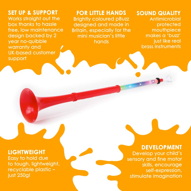 pBuzz Plastic Trombone Musical Instrument - Kids Children Beginner – Red