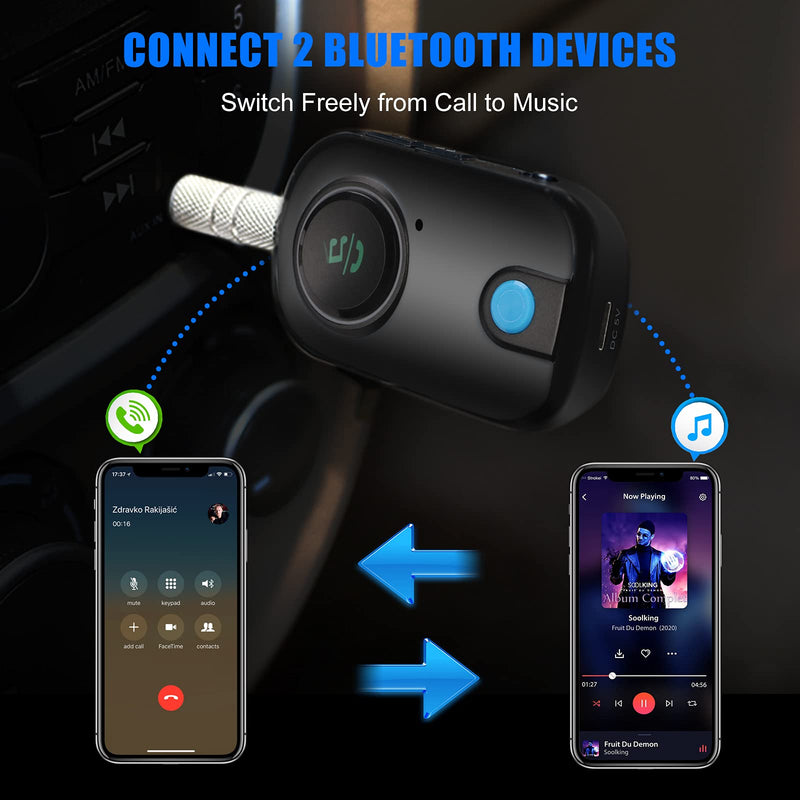 HUOTO Bluetooth 5.0 Receiver, Bluetooth Aux Adapter for Car/Home Stereo System/Wired Headphones,/Noise Cancelling/Hands-Free Calling/Music,Dual Connect (Black)