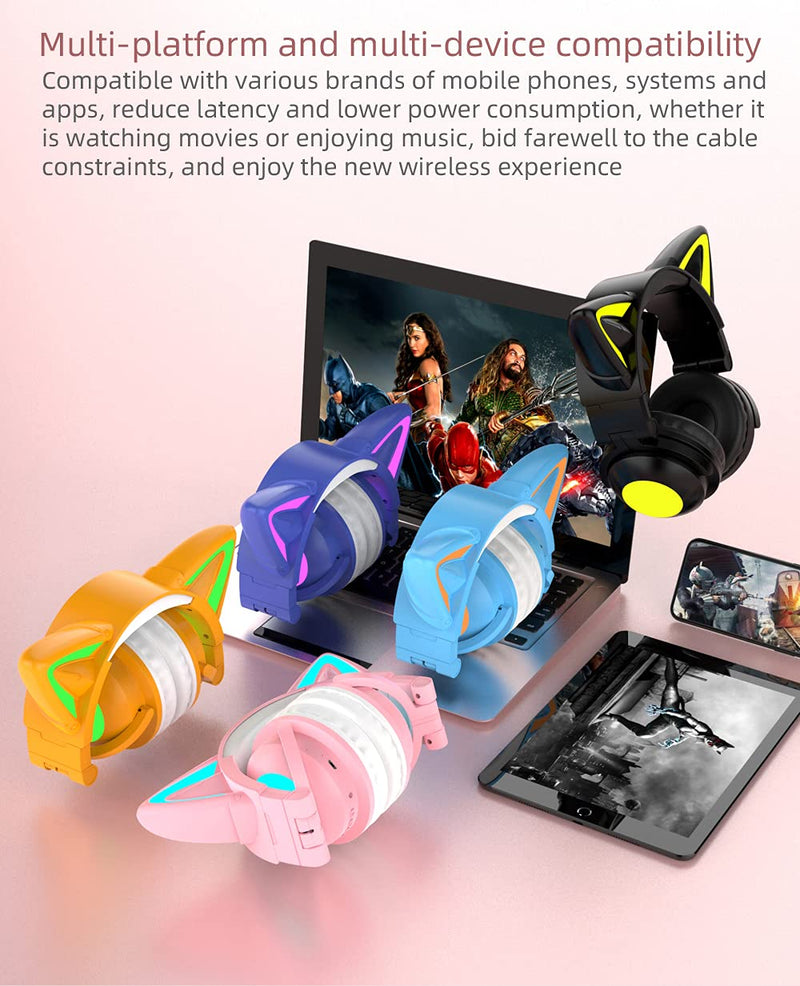 kuayang Wireless Cat Ear Headphones (7 Color Changing) with & 3.5mm Jack, Gaming Pro, Bluetooth&Wired Connection (Orange) Orange