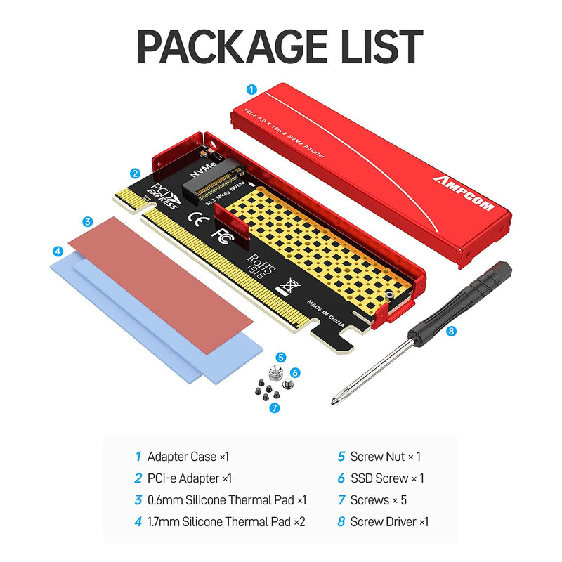 AMPCOM M.2 M Key Nvme SSD to PCI-e Adapter, PCI Express X16 Card with Aluminum Case, Supports Windows 7/8/ 10, Supports 2280