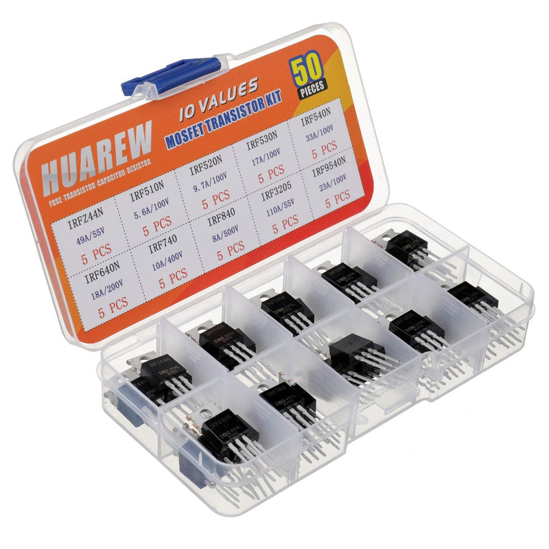 HUAREW 10 Values 50 Pcs MOSFET Transistors IRF510N IRF520N IRF530N IRF540N IRF640N IRFZ44N IRF740 IRF840 IRF3205 IRF9540 MOSFET Assortment Kit