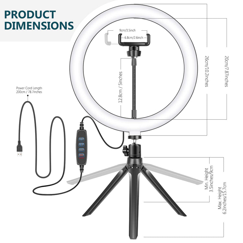 Vokiito 10” Ring Light USB LED Selfie Ring Light with Desktop Tripod and Cell Phone Holder 3 Light Modes & 10 Brightness Level for Photography Makeup Live Streaming YouTube Videos