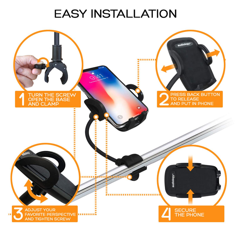 Stroller Phone Holder, Universal Gooseneck Flexible Long Arm Lazy Hands Free Phone Mount Clamp, Stroller Clamp Compatible with iPhone,Android, Galaxy, 360 Degree Rotation,Perfect for Moms on The Go
