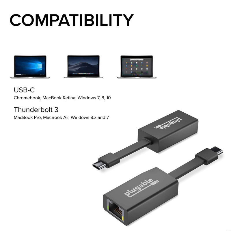 Plugable USB C to Ethernet Adapter, Fast and Reliable Gigabit Speed, Thunderbolt 3 to Ethernet Adapter Compatible with MacBook Pro, Windows, macOS, and ChromeOS