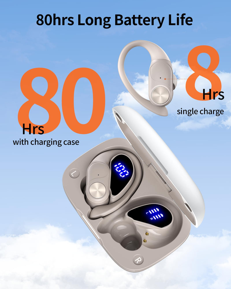 Bluetooth Headphones Wireless Earbuds 80hrs Playtime Wireless Charging Case Digital Display Sports Ear buds with Earhook Waterproof Over-Ear Earphones for TV Phone Laptop Contrast Color (Pearl Gray) Pearl Gray