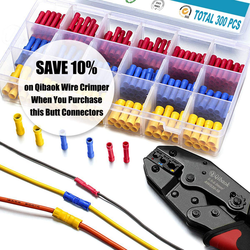 Qibaok 300 PCS Butt Splice Crimp Connectors Insulated Electrical Straight Wire Terminal Connectors 10-22AWG 1